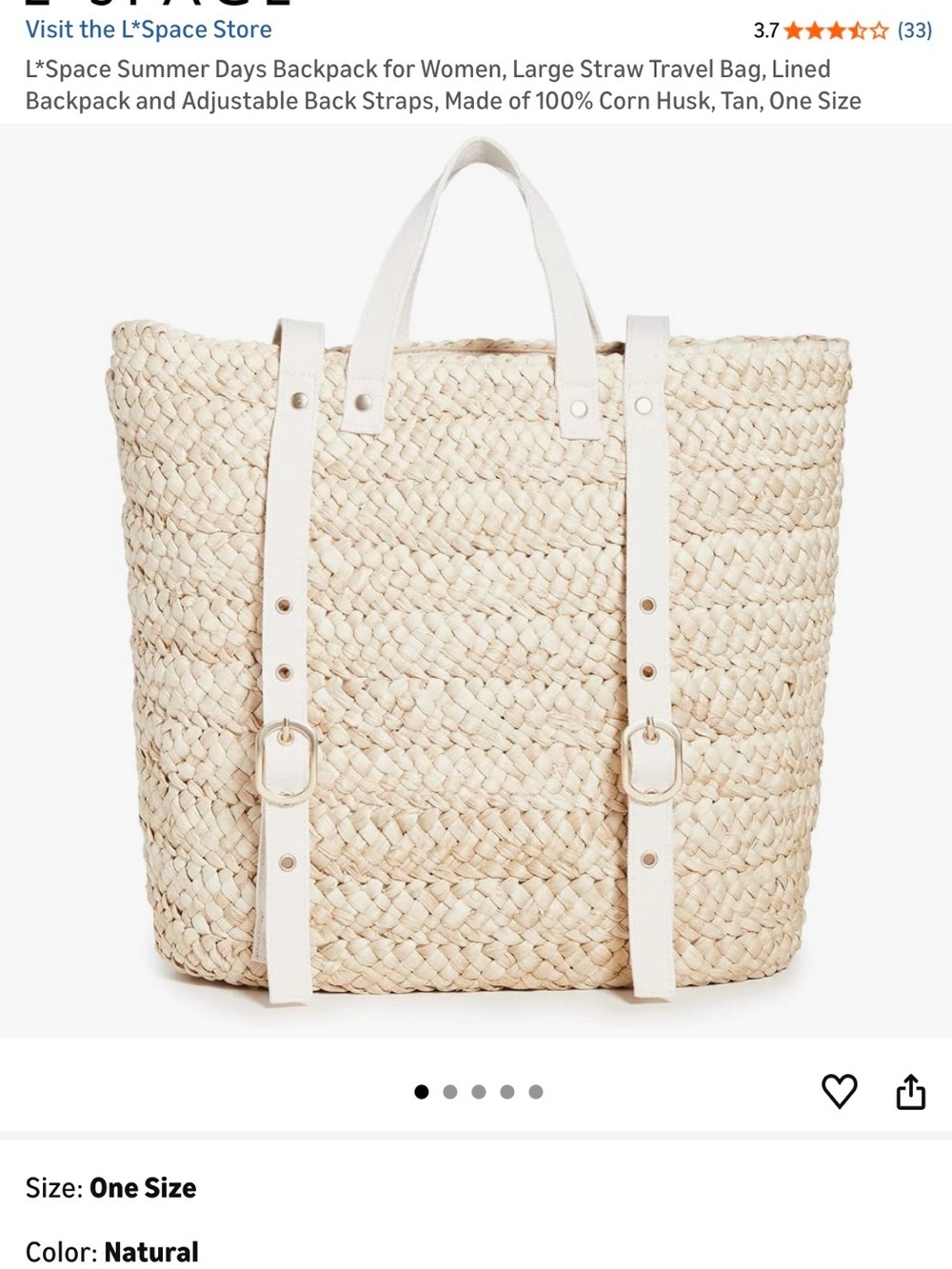 L*Space Natural Straw Tote with Adjustable Cream Straps